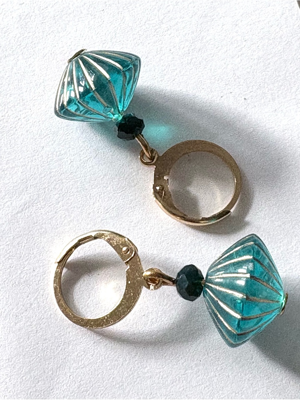 Gold Hoop Earrings with Teal blue Bead Drops, new